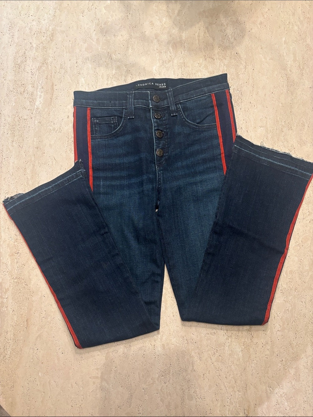 Veronica Beard Dark Blue Flare Jeans with Red Accents